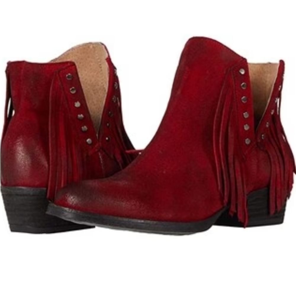 Circle G Red Suede Fringe Ankle Boots